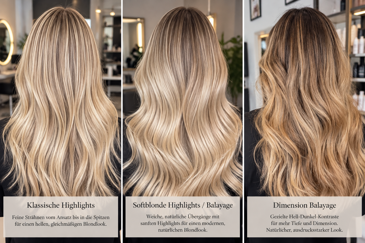 Vergleich von klassischen Highlights, Softblonde Highlights und Dimension Balayage – KI-generierte Illustration