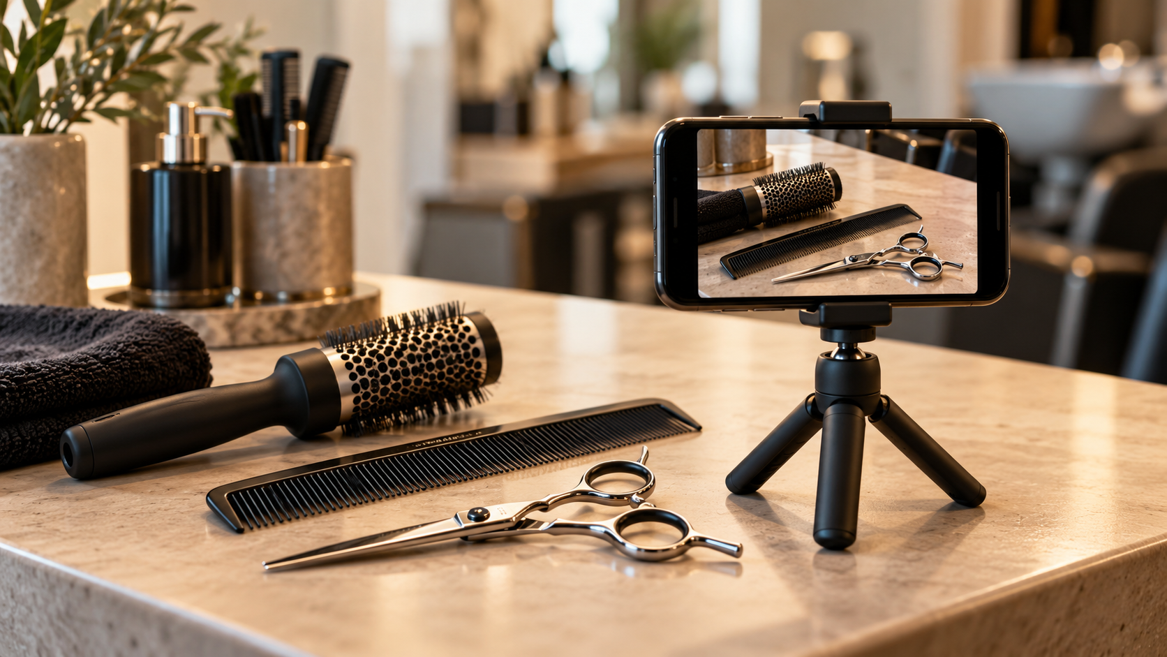 Smartphone auf Stativ bei der Content-Erstellung im Friseursalon – Social Media und Influencer-Kooperationen bei Bianka Simon Friseure